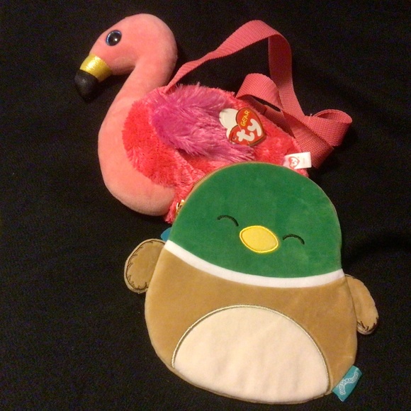 Plush Bundle: Squishmallows Avery Duck Pencil Case & Ty Gilda Flamingo Mini Bag - Picture 1 of 10